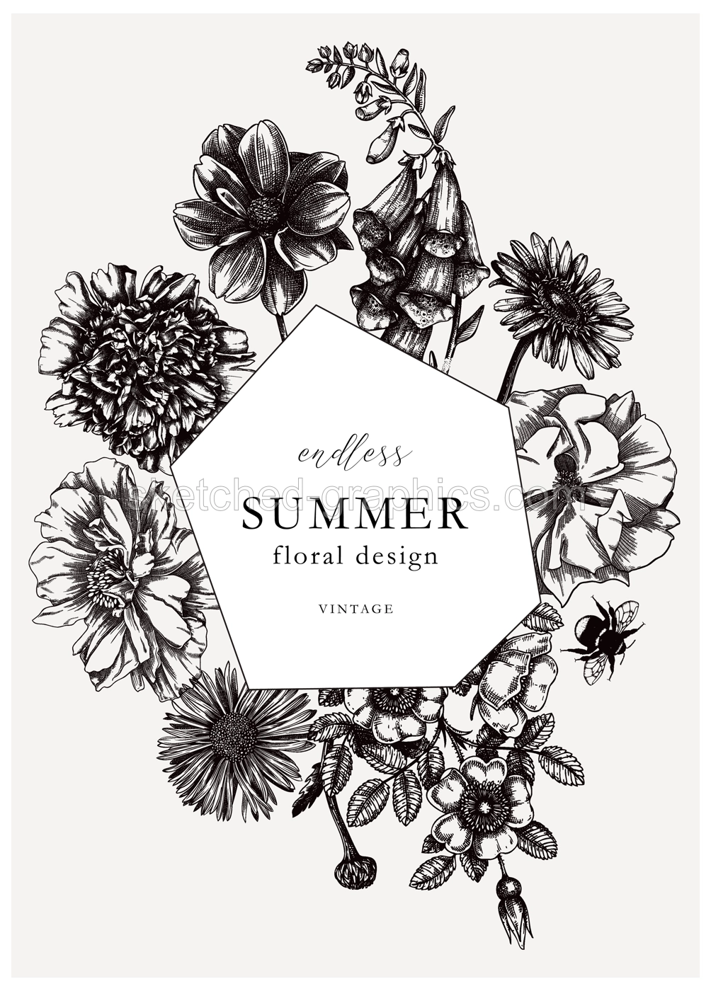 Summer flowers card or invitation template. Hand-sketched garden plants abstract werath in engraved style. Botanical illustration with flower outlines. Perfect for banners, wedding or event design Illustration
